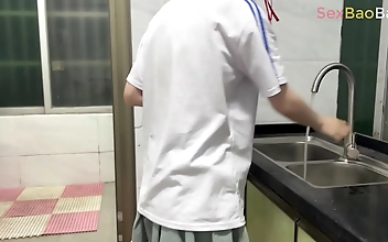 Asian Goddess Baobao Swallows Cock in Kitchen, Gets Taken to Bed for Hard Fucking